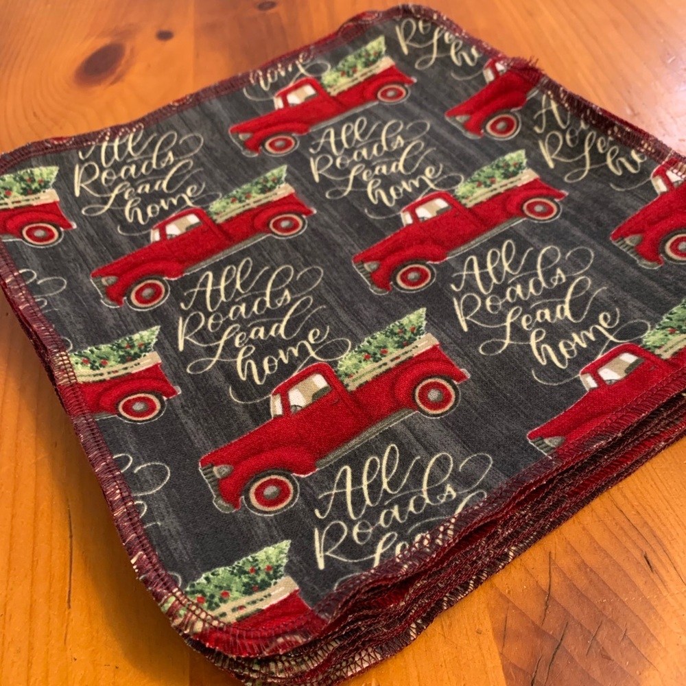Christmas Napkins, Flannel ‘unpaper’ towels Set of 12 Red Truck Holiday Napkins